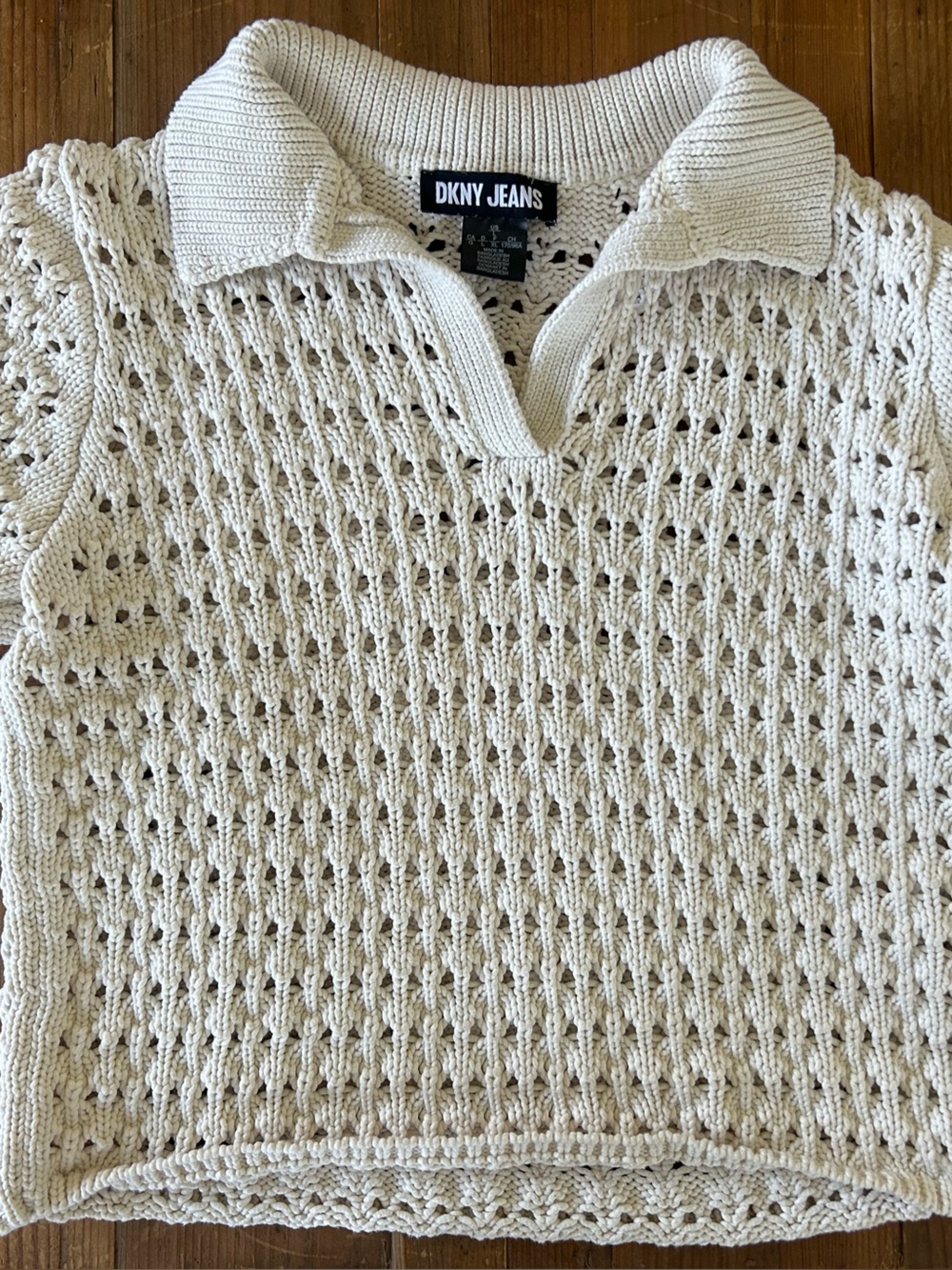 Dkny Cream Open-Knit Polo V-Neck Sweater